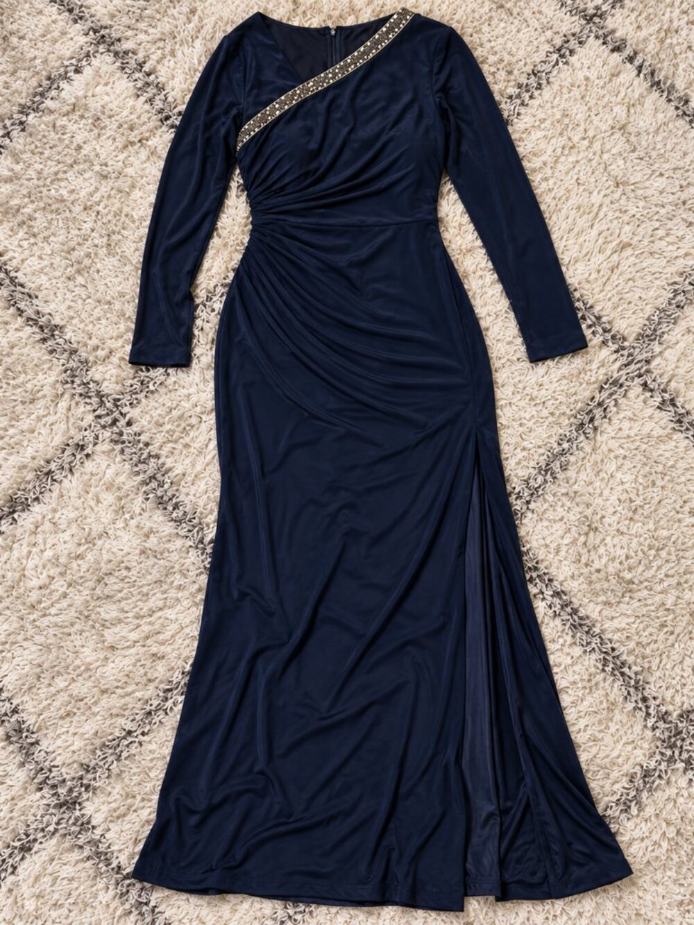Adrianna Papell Midnight Embellished Asymmetrical Long Sleeve Gown 10 NWT - Picture 3 of 6